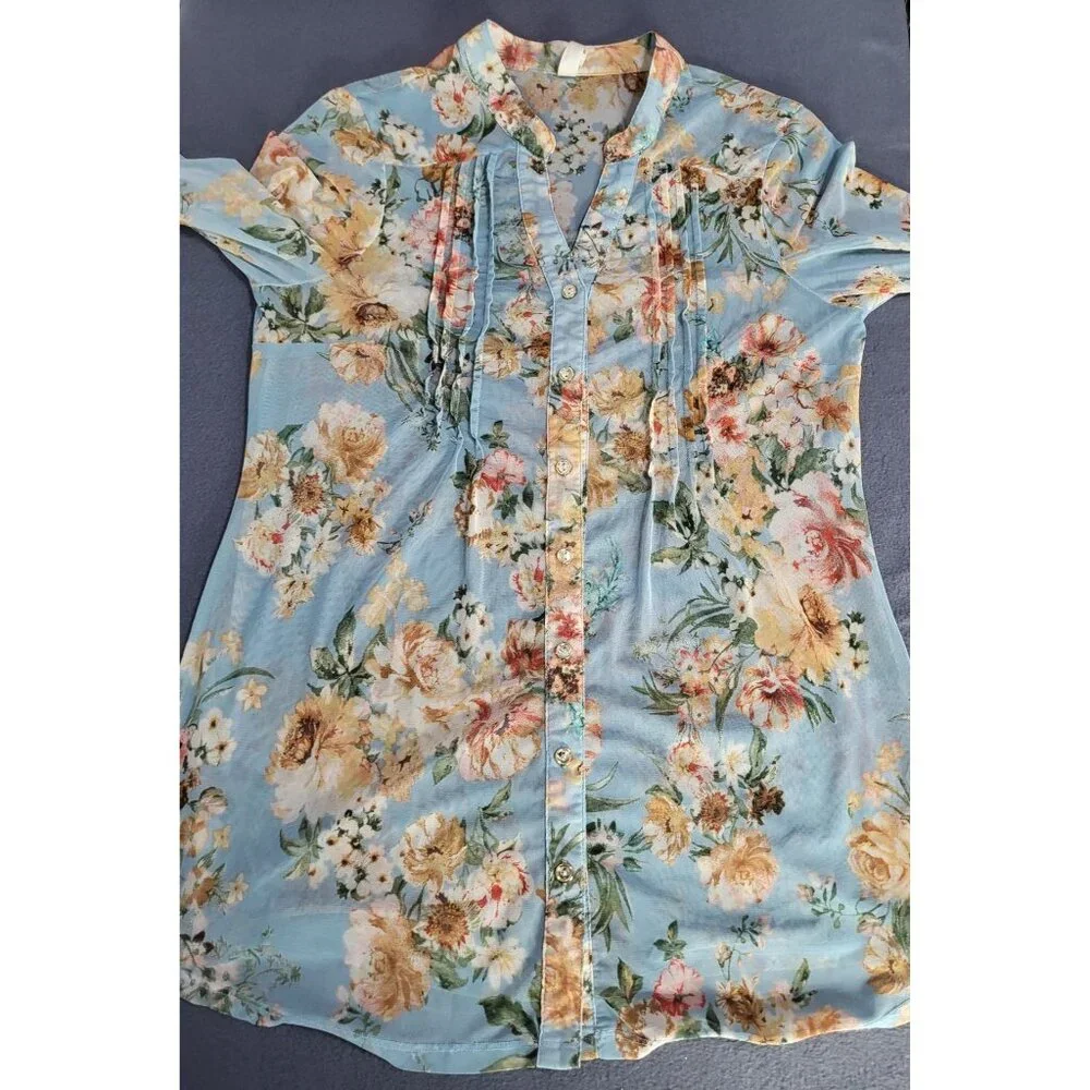 PERSEPTION CONCEPT Women's SZ Large Sheer Button Up Floral Blouse Top - Picture 3 of 8